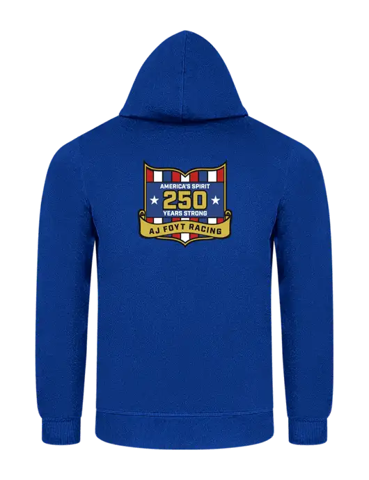 True Royal 7.8 oz Ring Spun Hooded Sweatshirt w/250th AJ Foyt Racing Logo, Homes For Our Troops