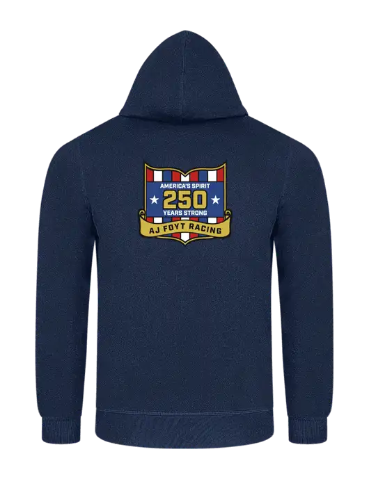 Navy 7.8 oz Ring Spun Hooded Sweatshirt w/250th AJ Foyt Racing Logo, Homes For Our Troops