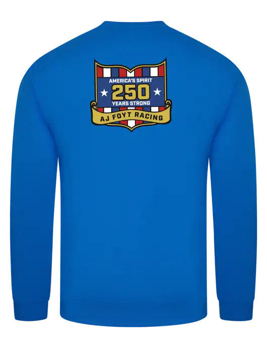 True Royal 9 oz 50/50 Cotton/Poly Crew Sweatshirt w/250th AJ Foyt Racing Logo, Homes For Our Troops