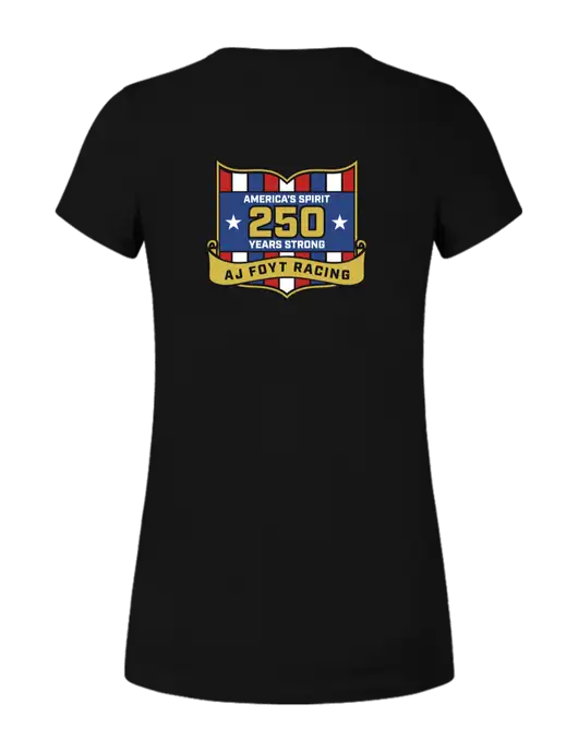 Womens Ring Spun Jet Black 4.5 oz T-Shirt w/250th AJ Foyt Racing Logo, Homes For Our Troops
