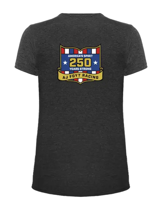 Womens Ring Spun Dark Heather Grey 4.5 oz T-Shirt w/250th AJ Foyt Racing Logo, Homes For Our Troops