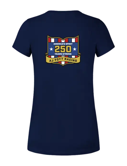 Womens Ring Spun Navy 4.5 oz T-Shirt w/250th AJ Foyt Racing Logo, Homes For Our Troops