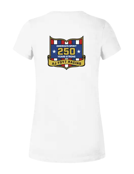 Womens Ring Spun White 4.5 oz T-Shirt w/250th AJ Foyt Racing Logo, Homes For Our Troops