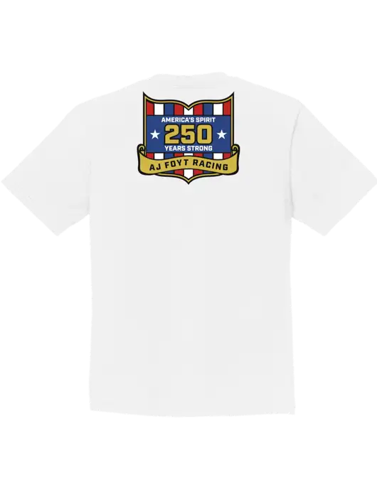 Youth Ring Spun White 4.5 oz T-Shirt w/250th AJ Foyt Racing Logo, Homes For Our Troops