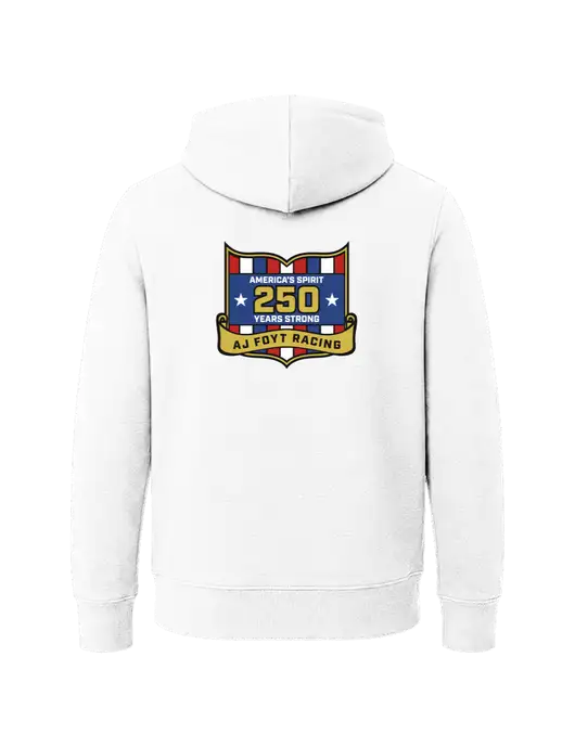 Youth White 7.8 oz Pullover Hooded Sweatshirt w/250th AJ Foyt Racing Logo, Homes For Our Troops